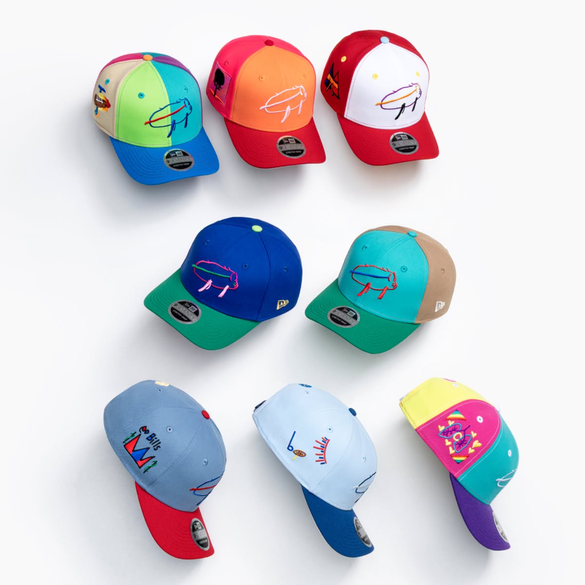 The eight Billustration caps designed by Golisano Children's Hospital patients