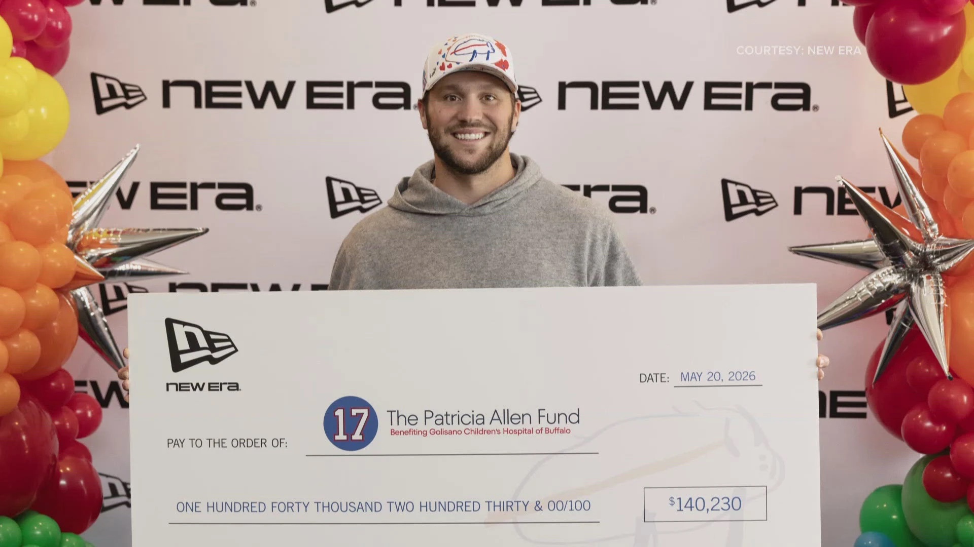 Josh Allen holding a check for the Patricia Allen Fund